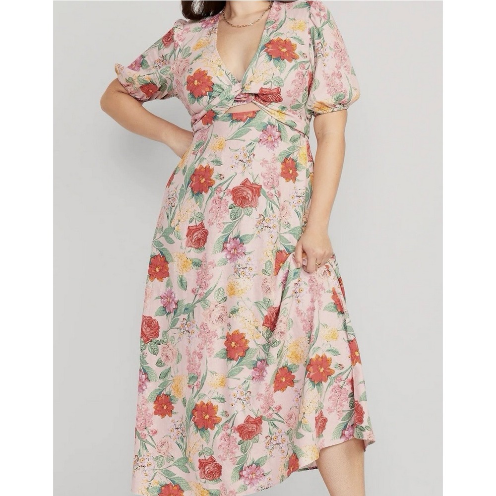 Old Navy Dress Womens Large Pink Floral Wrap Maxi Puff Sleeve Belted Summer